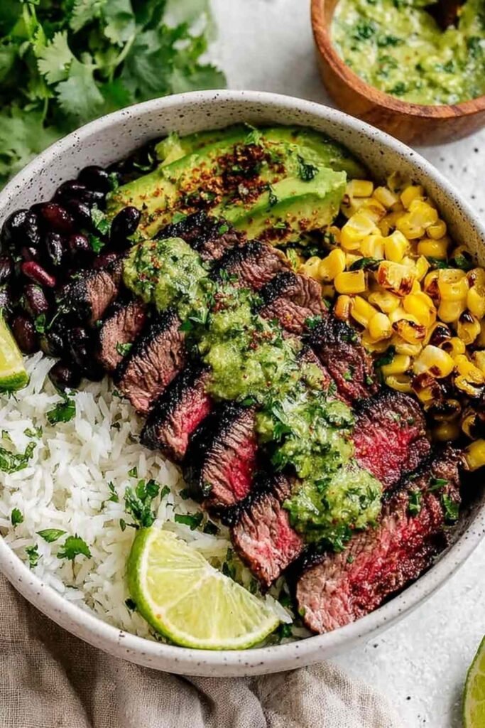 Grilling marinated flank steak for Cilantro Lime Steak Bowls