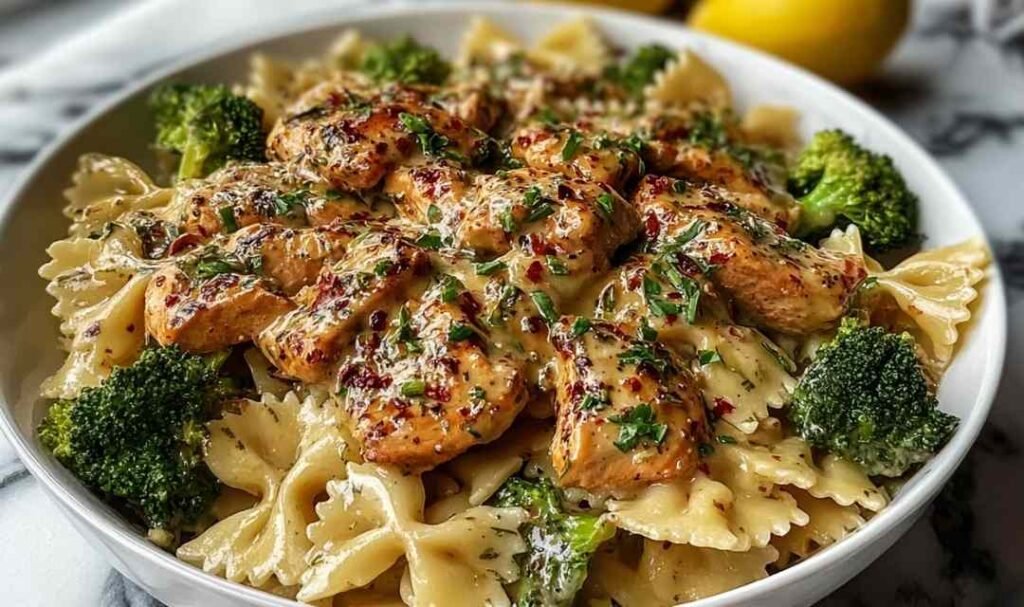 Cowboy Butter Lemon Bowtie Chicken with Broccoli in a skillet topped with Parmesan and fresh parsley