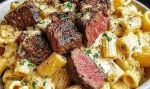 Cowboy Butter Steak Pasta in a large skillet with seared steak pieces, garlic butter sauce, and fresh parsley