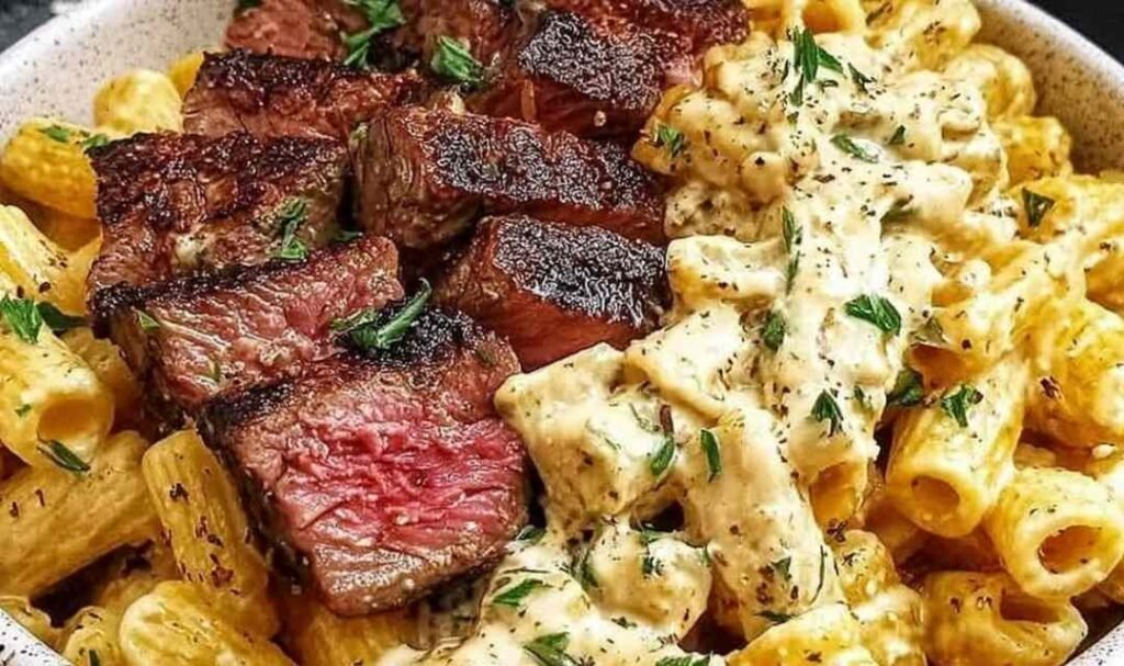 Cowboy Butter Steak Pasta in a large skillet with seared steak pieces, garlic butter sauce, and fresh parsley