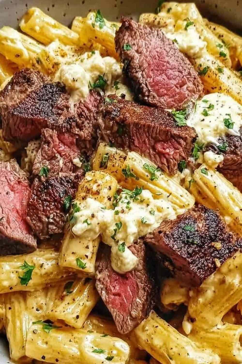 Cowboy Butter Steak Pasta in a large skillet with seared steak pieces, garlic butter sauce, and fresh parsley