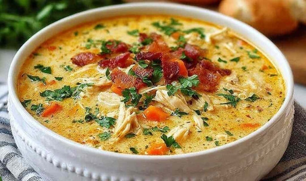 Creamy Crack Chicken Soup in a white bowl topped with bacon bits
