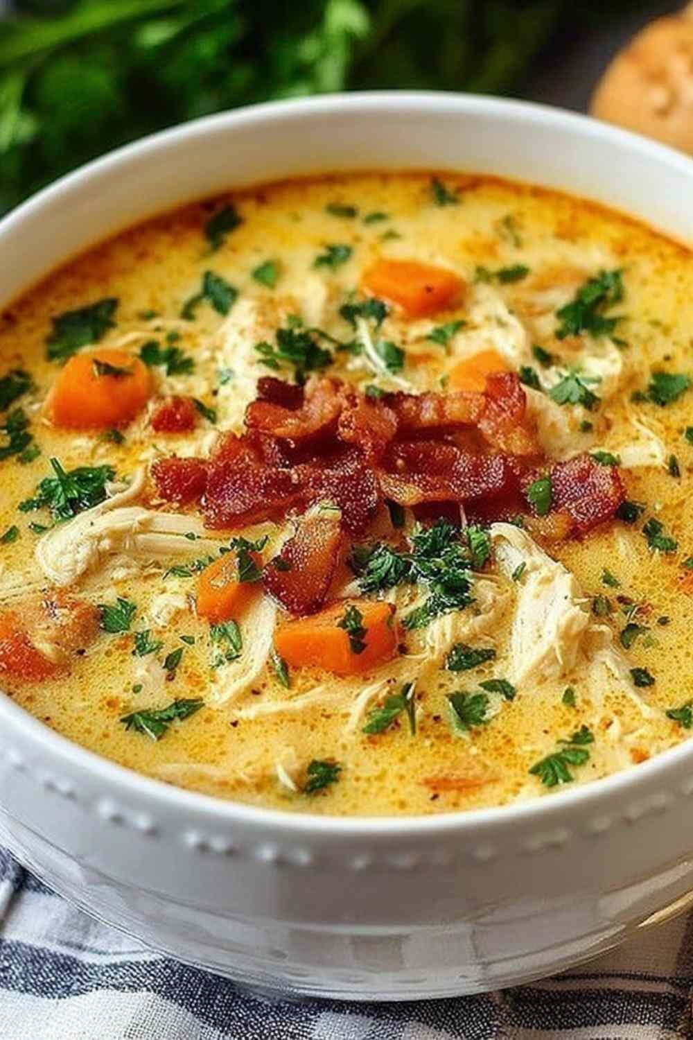 Creamy Crack Chicken Soup in a white bowl topped with bacon bits
