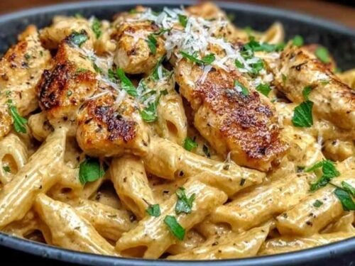 Creamy Cajun chicken penne pasta in a skillet topped with fresh parsley