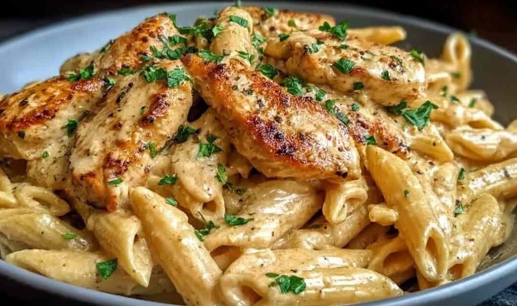 Creamy Cajun chicken penne pasta in a skillet topped with fresh parsley