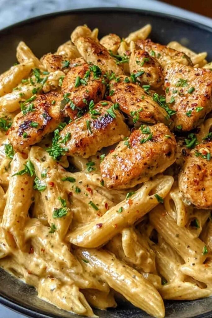 Creamy Cajun chicken penne pasta in a skillet topped with fresh parsley