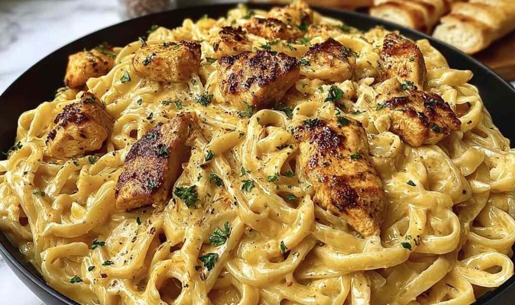 Creamy Cowboy Butter Chicken Pasta in a skillet with golden chicken slices and garlic butter cream sauce over fettuccine