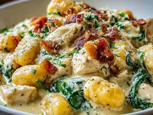 Creamy crack chicken gnocchi in a large skillet with crispy beef bacon and fresh parsley garnish