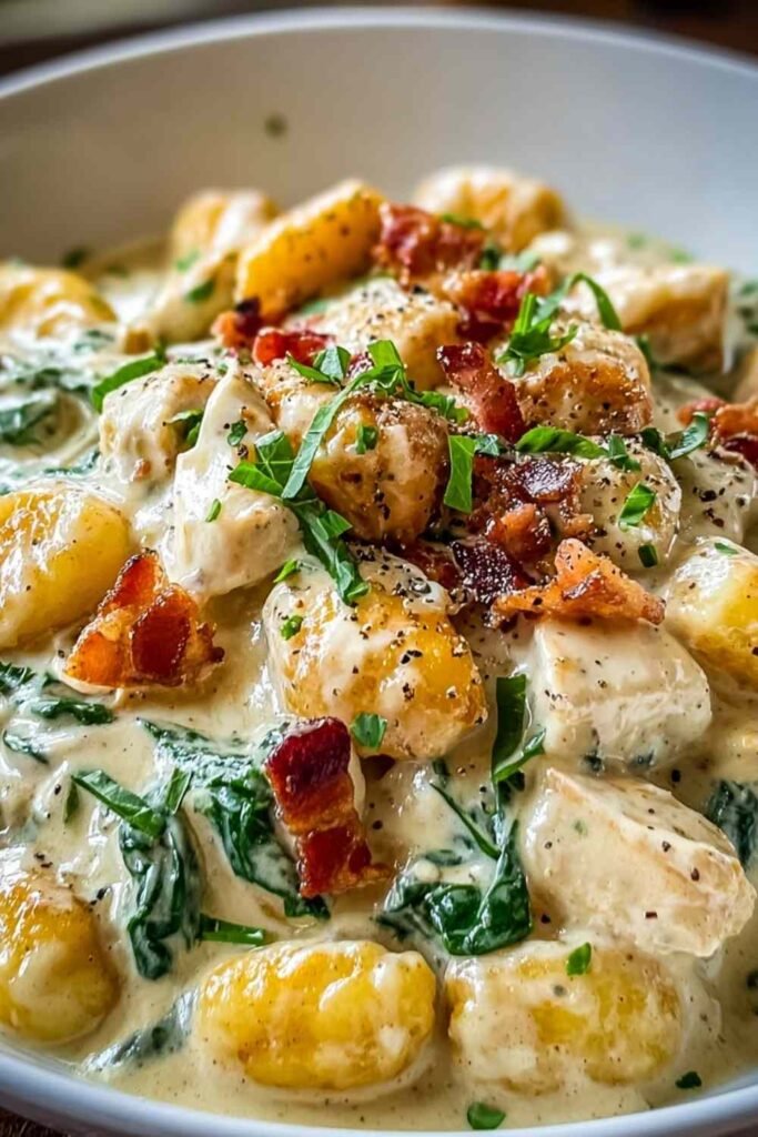 Creamy crack chicken gnocchi in a large skillet with crispy beef bacon and fresh parsley garnish