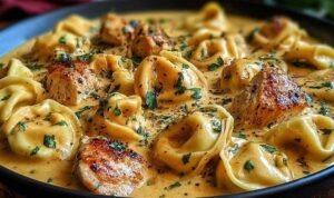 Creamy Garlic Butter Chicken Tortellini in a cast iron skillet