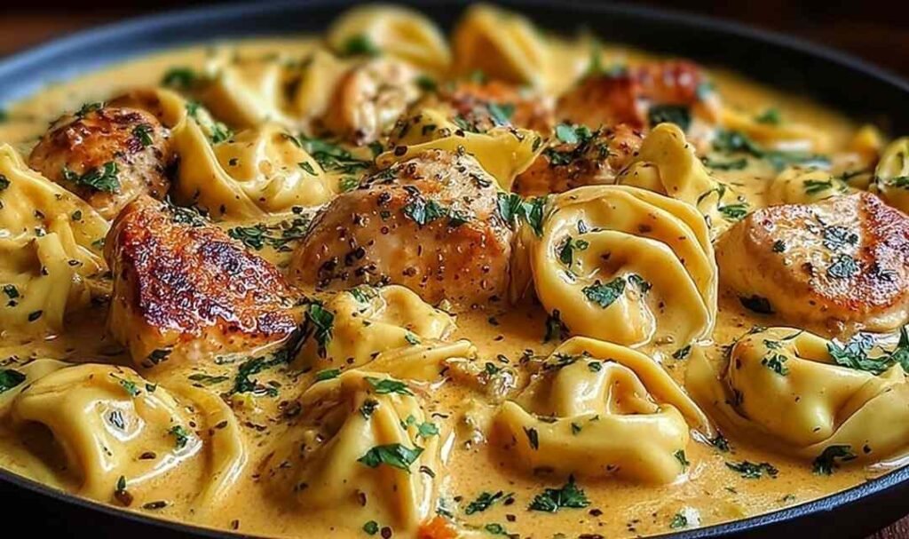 Creamy Garlic Butter Chicken Tortellini in a cast iron skillet