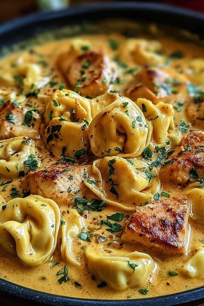Creamy Garlic Butter Chicken Tortellini in a cast iron skillet