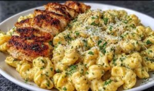 Creamy garlic Parmesan chicken pasta in a large skillet with golden chicken pieces coated in a rich cream sauce