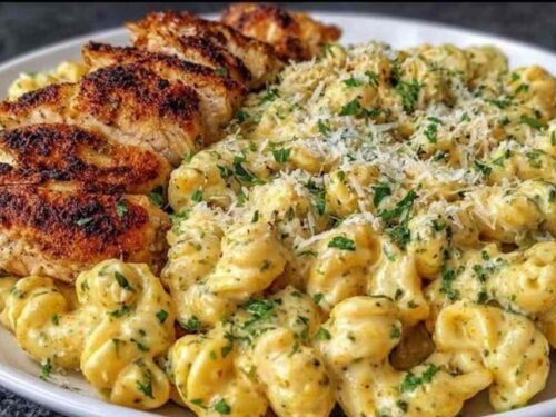 Creamy garlic Parmesan chicken pasta in a large skillet with golden chicken pieces coated in a rich cream sauce