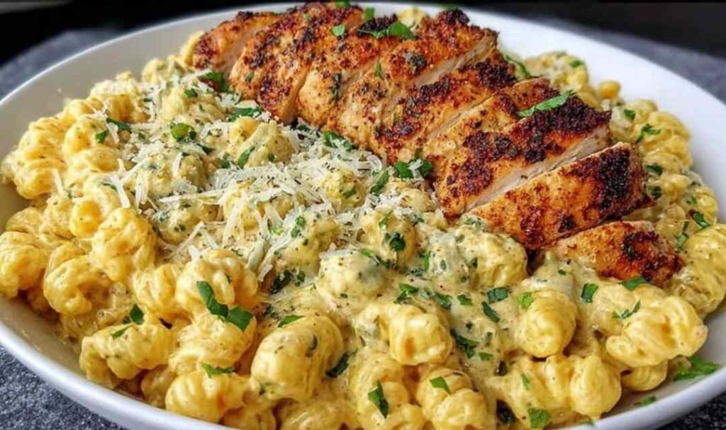 Creamy garlic Parmesan chicken pasta in a large skillet with golden chicken pieces coated in a rich cream sauce