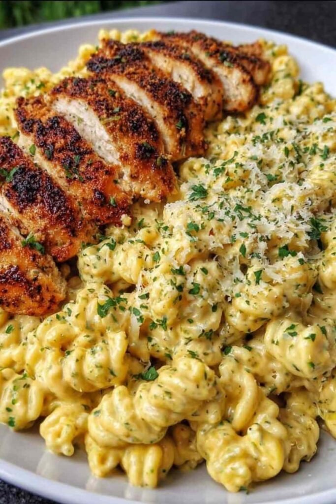 Creamy garlic Parmesan chicken pasta in a large skillet with golden chicken pieces coated in a rich cream sauce