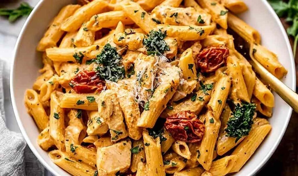 Creamy marry me chicken pasta in a large skillet topped with fresh basil and grated Parmesan cheese