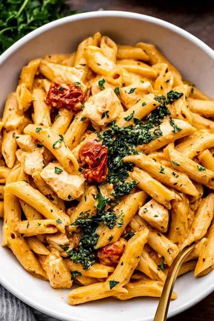 Creamy marry me chicken pasta in a large skillet topped with fresh basil and grated Parmesan cheese