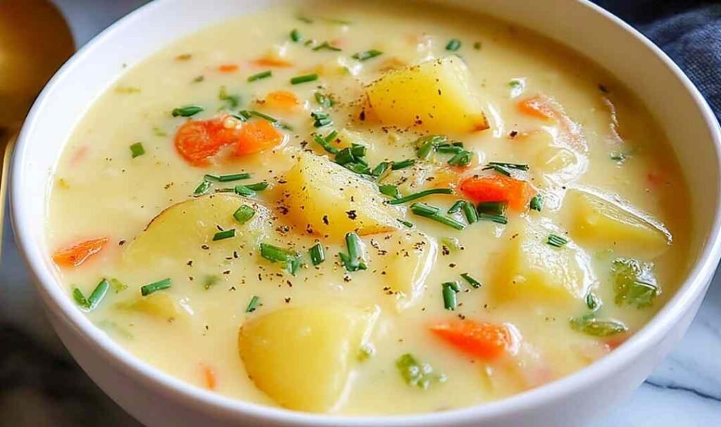 Easy Creamy Potato Soup cooking in a large pot on the stove.