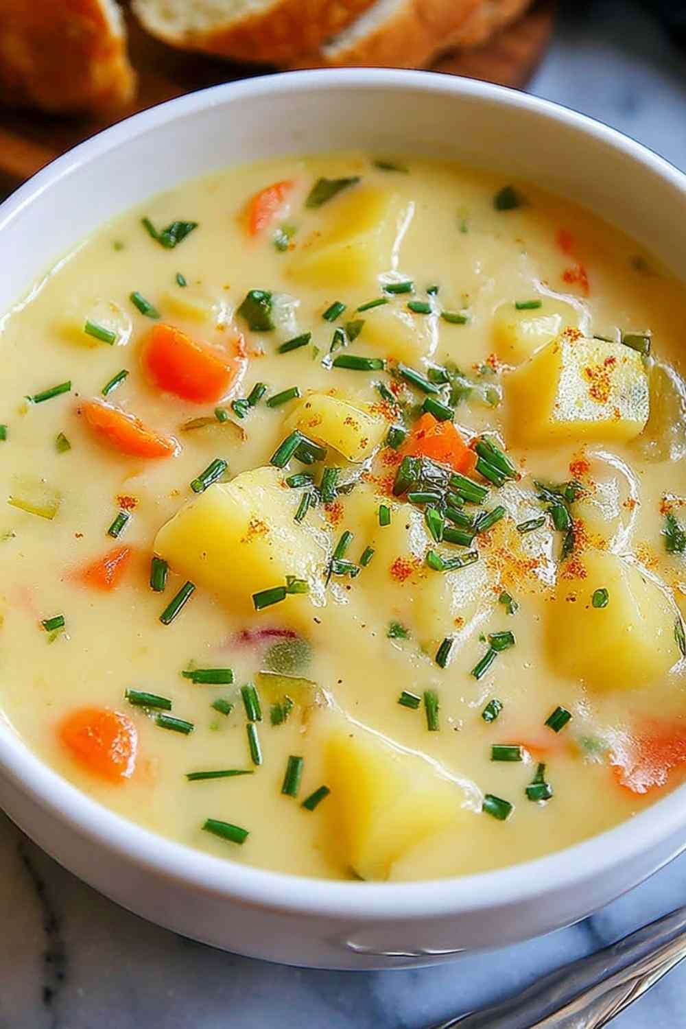 Easy Creamy Potato Soup cooking in a large pot on the stove.