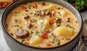 Creamy Sausage Potato Soup in a pot on the stove