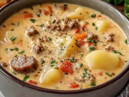 Creamy Sausage Potato Soup in a pot on the stove