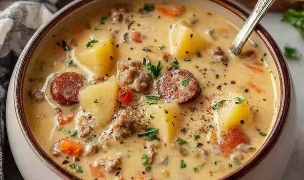 Creamy Sausage Potato Soup in a pot on the stove