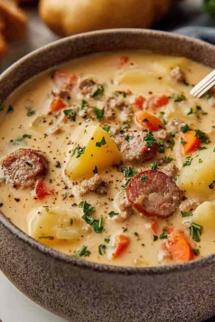 Creamy Sausage Potato Soup in a pot on the stove