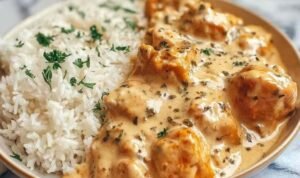 Creamy smothered chicken and rice served in a skillet with mushroom cream sauce and fresh parsley