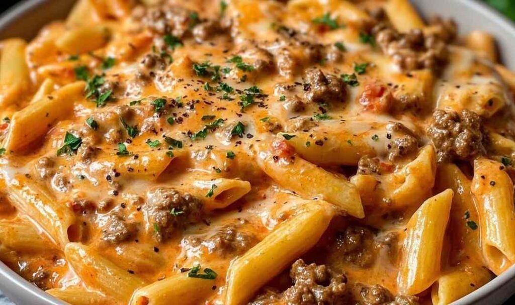 Creamy beef pasta in a white bowl garnished with parsley
