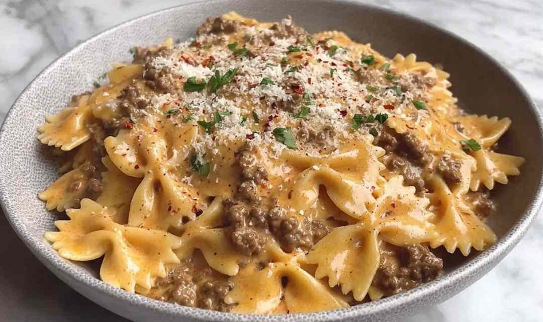 Creamy Parmesan Garlic Beef Bowtie Pasta