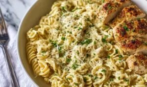 Creamy garlic parmesan chicken pasta served in a skillet topped with fresh parsley and grated Parmesan cheese