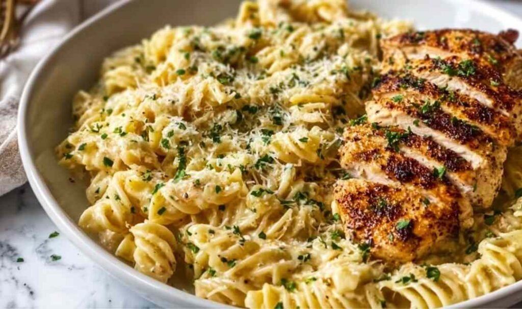 Creamy garlic parmesan chicken pasta served in a skillet topped with fresh parsley and grated Parmesan cheese