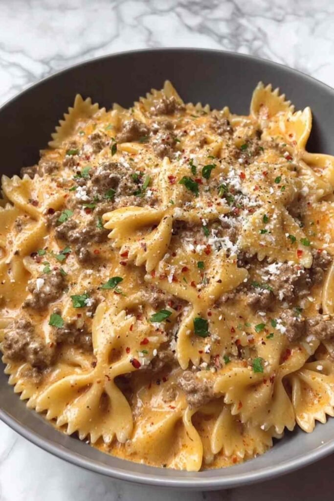 Creamy parmesan garlic beef bowtie pasta served in a white bowl topped with fresh parsley and grated parmesan