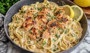 Creamy salmon pasta Creamy salmon pasta with fettuccine and parmesan cream sauce in a large skillet topped with fresh dill