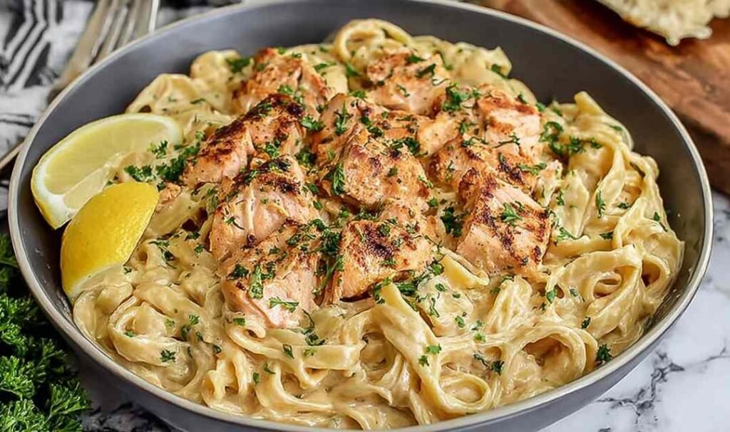 Creamy salmon pasta with fettuccine and parmesan cream sauce in a large skillet topped with fresh dill