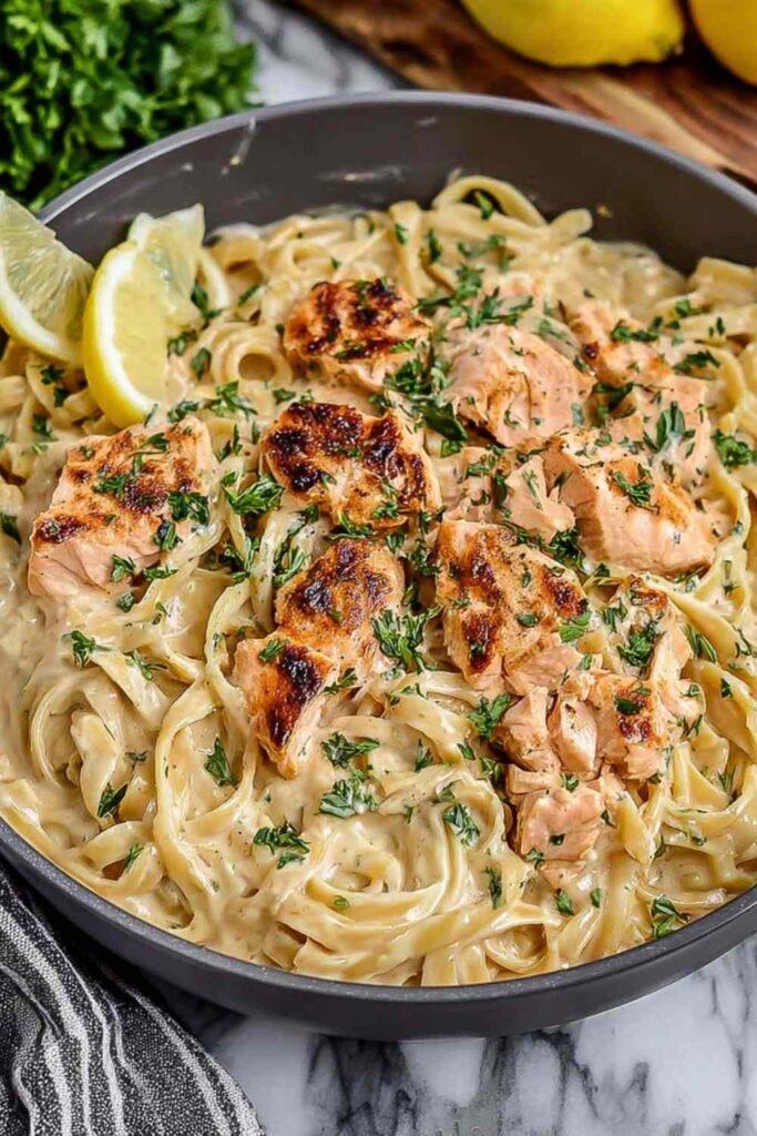 Creamy salmon pasta with fettuccine and parmesan cream sauce in a large skillet topped with fresh dill