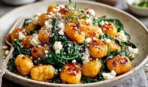Crispy Gnocchi With Spinach And Feta cooking in a hot skillet