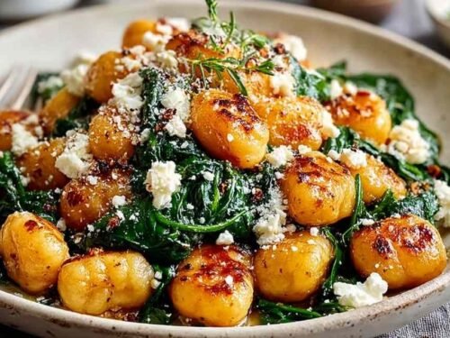 Crispy Gnocchi With Spinach And Feta cooking in a hot skillet