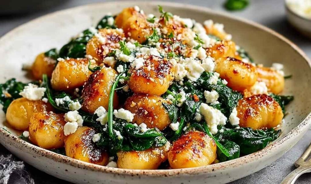 Crispy Gnocchi With Spinach And Feta cooking in a hot skillet