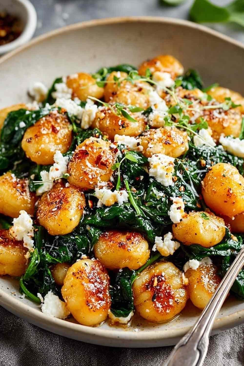 Crispy Gnocchi With Spinach And Feta cooking in a hot skillet
