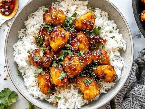 Crispy honey garlic chicken bites in a skillet coated in a glossy sweet and savory glaze