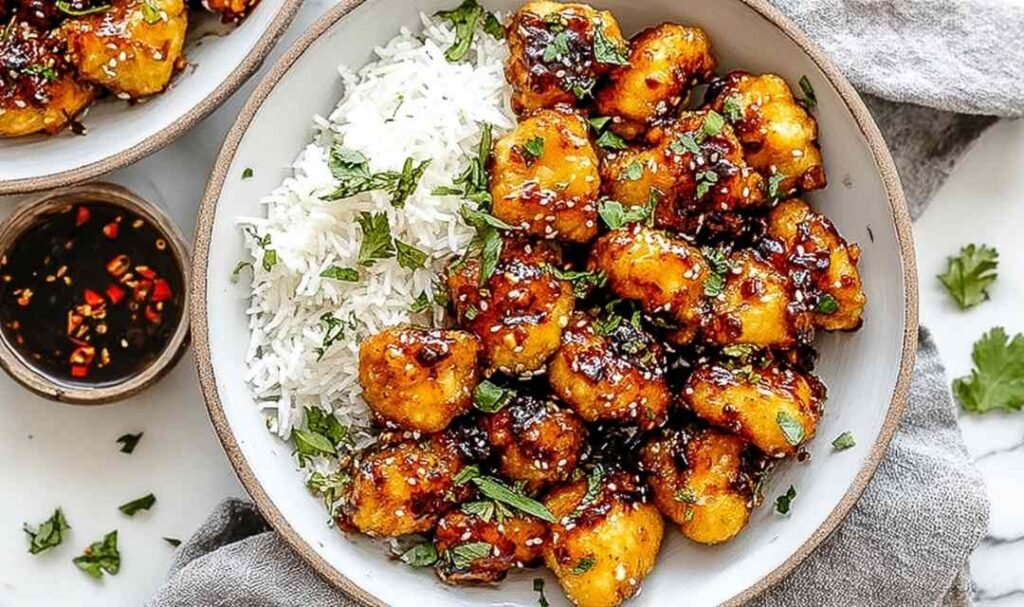 Crispy honey garlic chicken bites in a skillet coated in a glossy sweet and savory glaze
