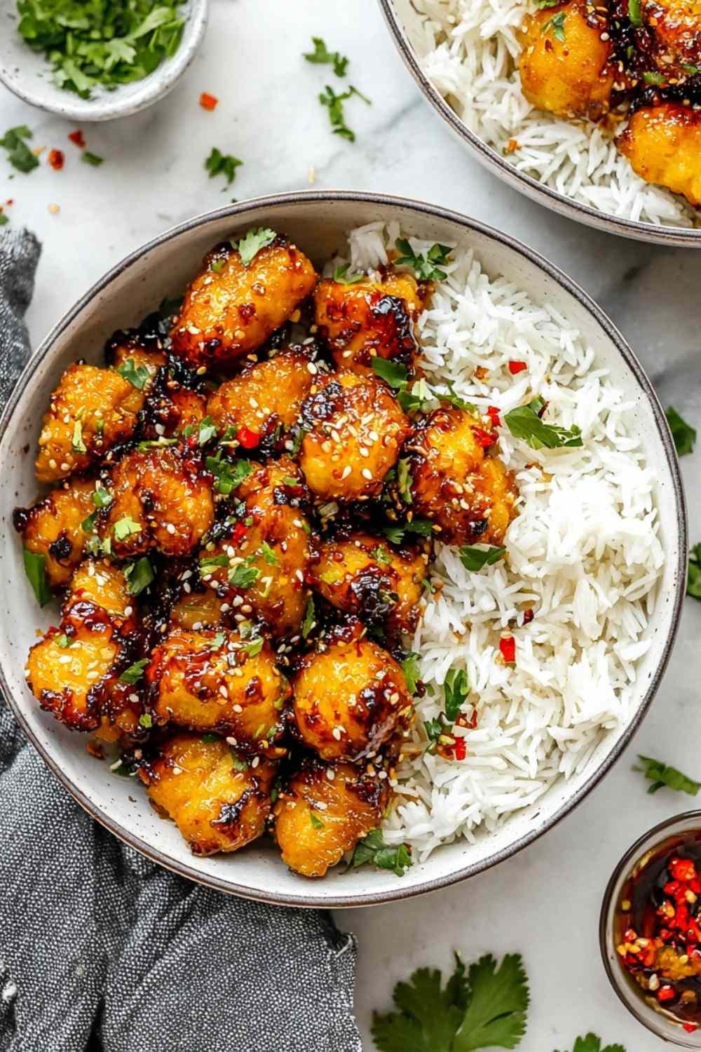 Crispy honey garlic chicken bites in a skillet coated in a glossy sweet and savory glaze