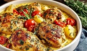 Crockpot Marry Me Chicken in a cast-iron skillet with creamy sun-dried tomato parmesan sauce topped with fresh basil