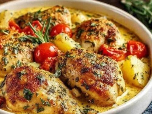 Crockpot Marry Me Chicken in a cast-iron skillet with creamy sun-dried tomato parmesan sauce topped with fresh basil