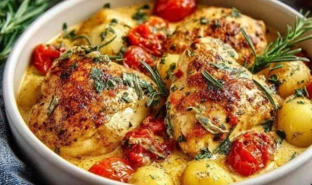 Crockpot Marry Me Chicken in a cast-iron skillet with creamy sun-dried tomato parmesan sauce topped with fresh basil