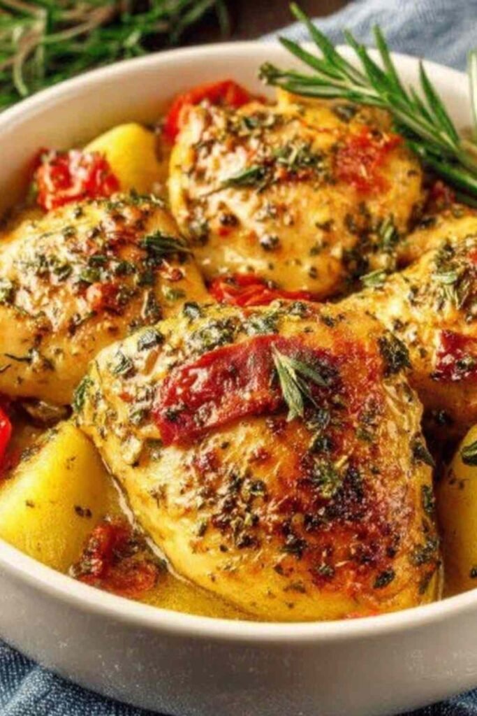 Crockpot Marry Me Chicken in a cast-iron skillet with creamy sun-dried tomato parmesan sauce topped with fresh basil