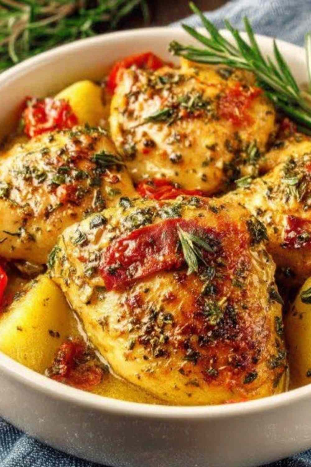 Crockpot Marry Me Chicken in a cast-iron skillet with creamy sun-dried tomato parmesan sauce topped with fresh basil