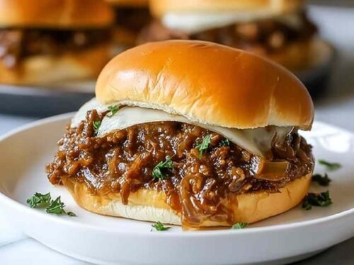 Close-up of French Onion Beef Sloppy Joes with caramelized onions and melted Swiss cheese on a toasted brioche bun
